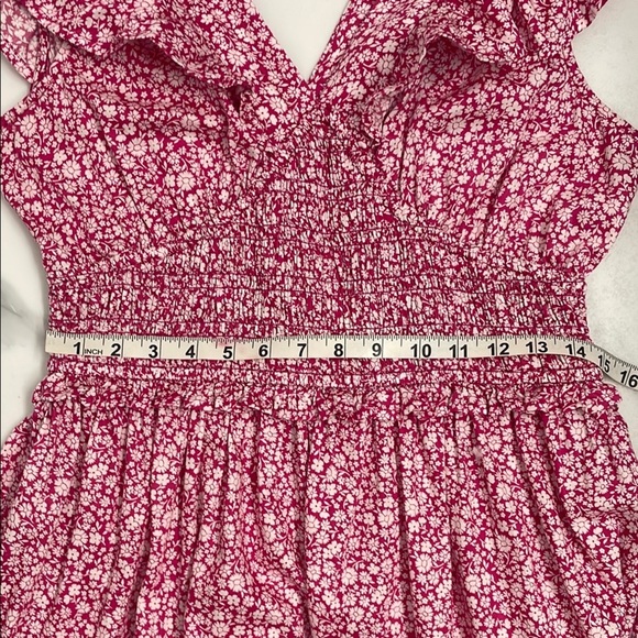 Pink Floral Ruffle Mini Dress V Neck V Back Pockets Smocked Bodice Size L Tall - Picture 15 of 16